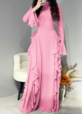 Elegant High-waist Solid Color Design Flared Sleeve Dress