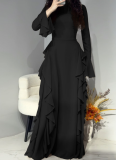 Elegant High-waist Solid Color Design Flared Sleeve Dress