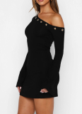 New Solid Color Oblique Collar Hollow Ring Slightly Flared Long Sleeve Off-shoulder Dress