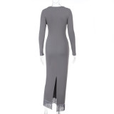 2025 Autumn and Winter New Tassel Long Sleeve Knitted Dress