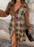 New Autumn And Winter Casual Workplace Retro Style Lapel Plaid Patchwork Dress