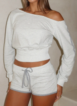 Casual Solid Color Draw String Oblique Collar Long Sleeve Two Pieces