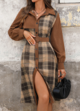 New Autumn And Winter Casual Workplace Retro Style Lapel Plaid Patchwork Dress