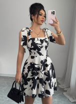 Strapless Square Neck Ruffled Printed Dress