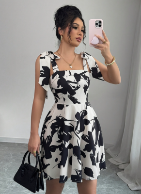 Strapless Square Neck Ruffled Printed Dress