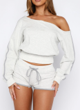 Casual Solid Color Draw String Oblique Collar Long Sleeve Two Pieces