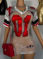 Sexy Hot Girl Lace See-Through Embroidered Letters Short Sleeve V-Neck Dress