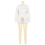 Casual Solid Color Draw String Oblique Collar Long Sleeve Two Pieces