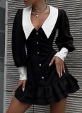 Fashionable Women's Color-blocked Lapel Celebrity Style Hip Dress