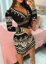 Geometric Print V-Neck Long-Sleeved Mini Dress
