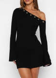 New Solid Color Oblique Collar Hollow Ring Slightly Flared Long Sleeve Off-shoulder Dress