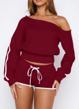 Casual Solid Color Draw String Oblique Collar Long Sleeve Two Pieces