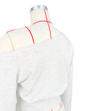 Casual Solid Color Draw String Oblique Collar Long Sleeve Two Pieces