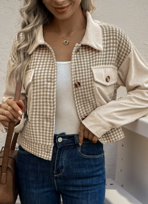 New Casual Retro Lapel Corduroy Stitching Houndstooth Women's Jacket