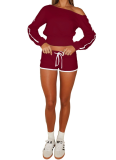 Casual Solid Color Draw String Oblique Collar Long Sleeve Two Pieces