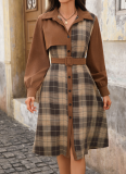 New Autumn And Winter Casual Workplace Retro Style Lapel Plaid Patchwork Dress