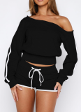 Casual Solid Color Draw String Oblique Collar Long Sleeve Two Pieces