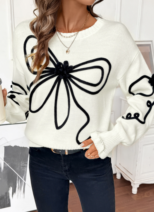 Autumn And Winter Sweet Style Loose Bow Round Neck Sweater