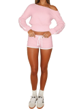 Casual Solid Color Draw String Oblique Collar Long Sleeve Two Pieces