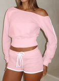 Casual Solid Color Draw String Oblique Collar Long Sleeve Two Pieces