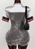 Sexy Hot Girl Lace See-Through Embroidered Letters Short Sleeve V-Neck Dress