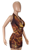 Sexy Leopard Print Backless Miniskirt Two-Piece Suit