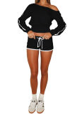 Casual Solid Color Draw String Oblique Collar Long Sleeve Two Pieces