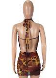 Sexy Leopard Print Backless Miniskirt Two-Piece Suit