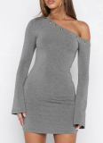 New Solid Color Oblique Collar Hollow Ring Slightly Flared Long Sleeve Off-shoulder Dress