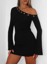 New Solid Color Oblique Collar Hollow Ring Slightly Flared Long Sleeve Off-shoulder Dress