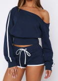 Casual Solid Color Draw String Oblique Collar Long Sleeve Two Pieces