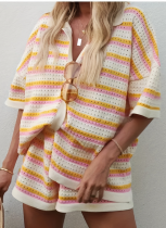 Spring And Summer New Woolen Color Matching Lapel Striped Short-Sleeved Top And Shorts Suit