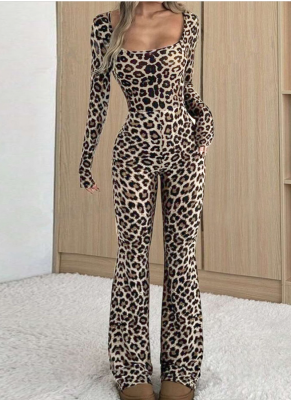 2025 Autumn New Slim Fit Hip-hugging Square Neck Leopard Print Jumpsuit