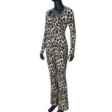 2025 Autumn New Slim Fit Hip-hugging Square Neck Leopard Print Jumpsuit
