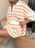 Spring And Summer New Woolen Color Matching Lapel Striped Short-Sleeved Top And Shorts Suit