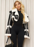 Fashionable Street PU Leather Splicing Fur Collar Short Belly-Exposed Jacket
