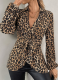 New Leopard Print Lace-Up V-Neck Temperament Long-Sleeved Shirt