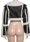 Fashionable Street PU Leather Splicing Fur Collar Short Belly-Exposed Jacket