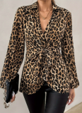 New Leopard Print Lace-Up V-Neck Temperament Long-Sleeved Shirt