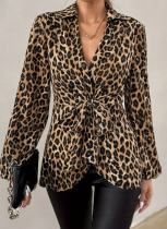 New Leopard Print Lace-Up V-Neck Temperament Long-Sleeved Shirt