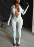 Sexy Backless Deep V Long-sleeved Solid Color Bodycon Jumpsuit