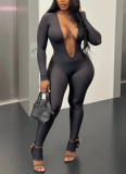 Sexy Backless Deep V Long-sleeved Solid Color Bodycon Jumpsuit