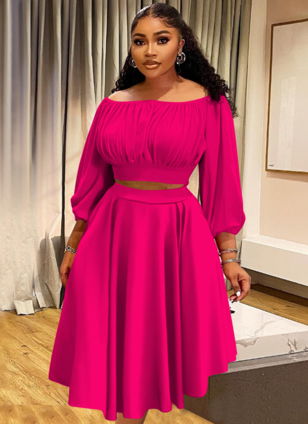 Autumn And Winter Off-The-Shoulder Crop Top High-Waisted Maxi Skirt Two-Piece Set