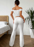 Solid Color One-Shoulder Pleated T-Shirt Flared Pants Two-Piece Suit