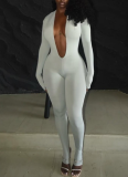 Sexy Backless Deep V Long-sleeved Solid Color Bodycon Jumpsuit