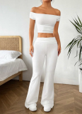 Solid Color One-Shoulder Pleated T-Shirt Flared Pants Two-Piece Suit
