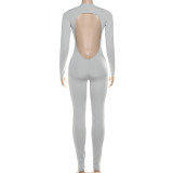 Sexy Backless Deep V Long-sleeved Solid Color Bodycon Jumpsuit