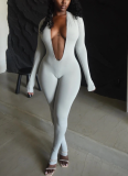 Sexy Backless Deep V Long-sleeved Solid Color Bodycon Jumpsuit