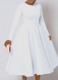 New Autumn And Winter Elegant Solid Color Round Neck Long Sleeve Wide Swing Dress
