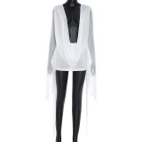 Sexy Mesh Sway Neckline Long-sleeved Backless A-line Short-sleeved Dress